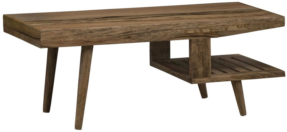 Clearance Mid Century Solid Mango Wood Coffee Table With Half Shelf Light Natural Rustic Finish