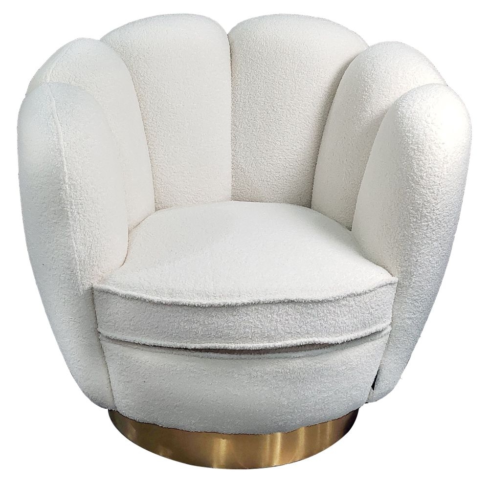 Clearance Sylvie Teddy White Swivel Accent Chair Boucle Fabric With Round Brass Base