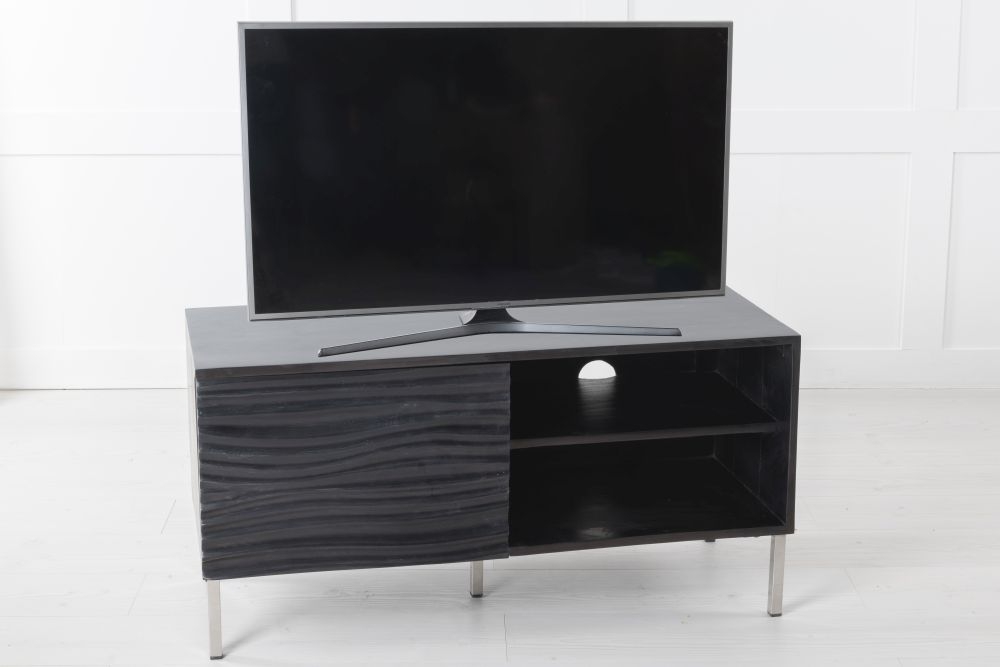 Clearance Wave Mango Wood Tv Unit Black Ripple Pattern 100cm Wide Stand Upto 32in Plasma 1 Door With 2 Shelf