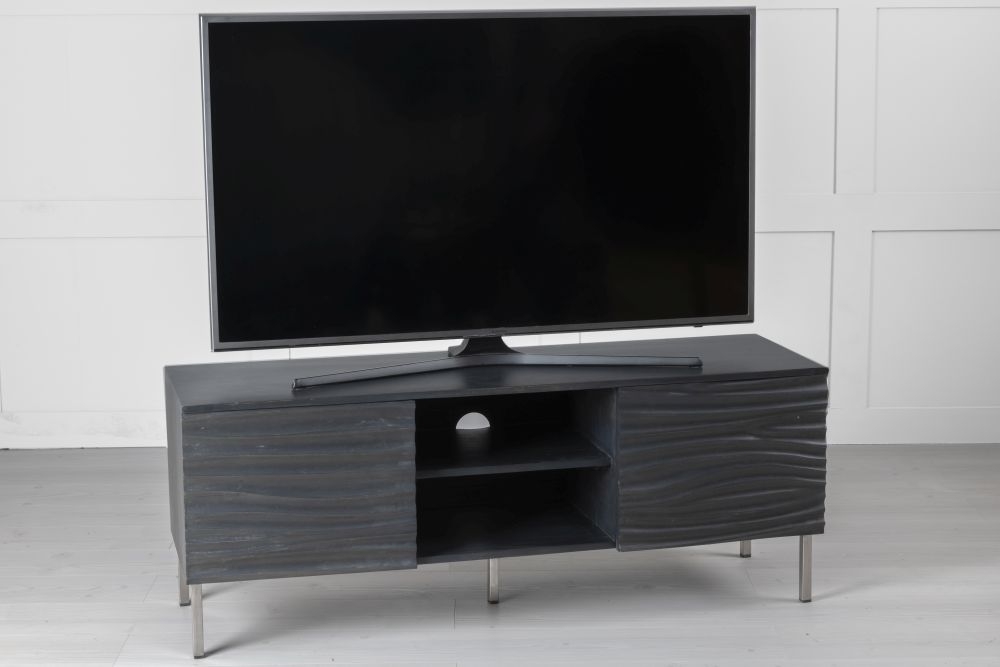 Clearance Wave Mango Wood Tv Unit Charcoal Grey Ripple Pattern 130cm Wide Stand Upto 50in Plasma 2 Door With 3 Shelf