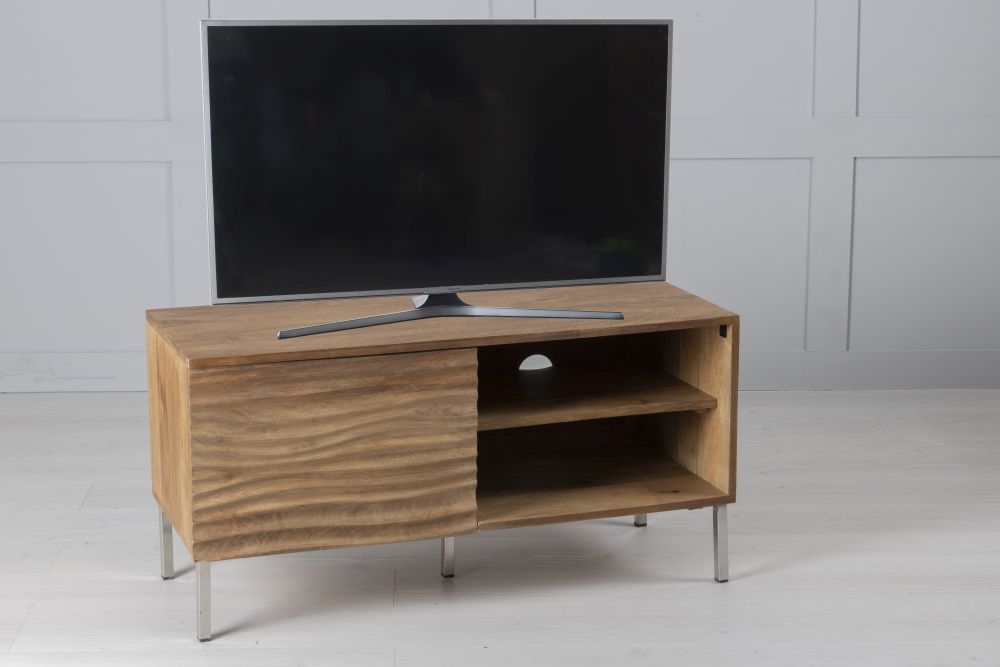 Clearance Wave Mango Wood Tv Unit Natural Ripple Pattern 100cm Wide Stand Upto 32in Plasma 1 Door With 2 Shelf