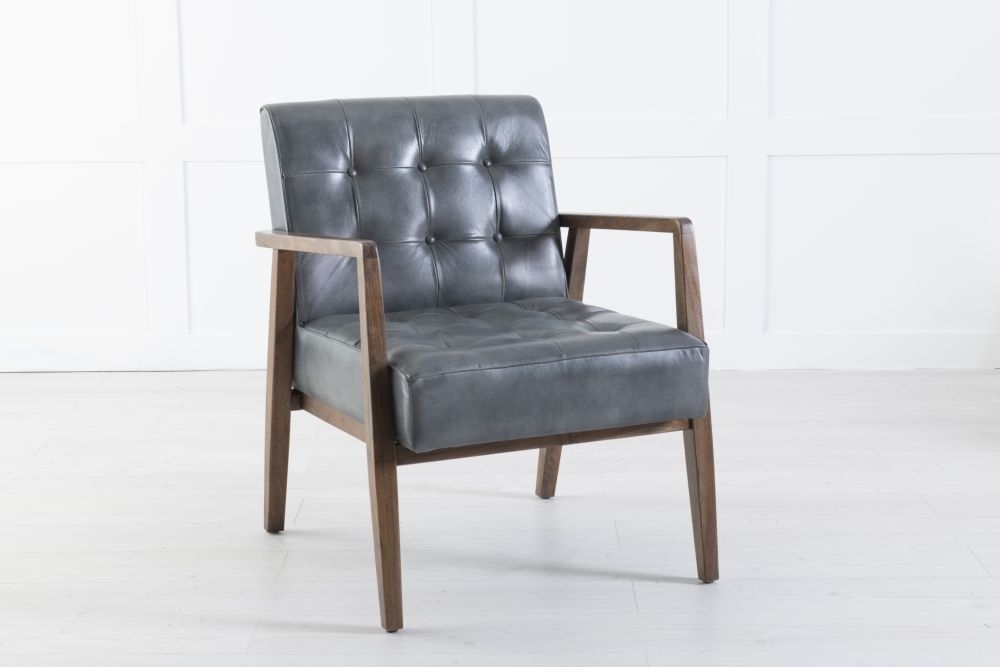 Clearance Hendricks Charcoal Grey Armchair Genuine Real Buffalo Leather With Wooden Frame