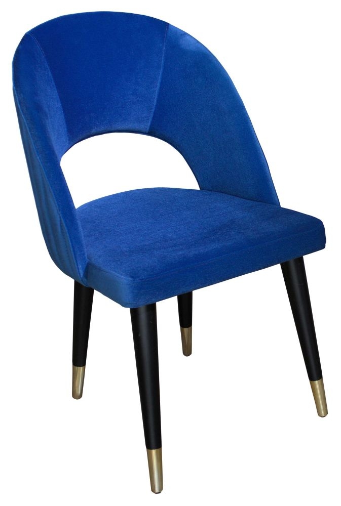 Clearance Rossini Blue Dining Chair Velvet Fabric Upholstered With Black Wooden Gold Cone Trim Legs