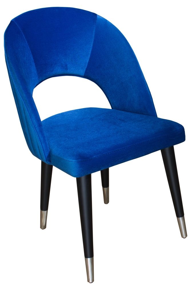 Clearance Rossini Blue Dining Chair Velvet Fabric Upholstered With Black Wooden Silver Cone Trim Legs