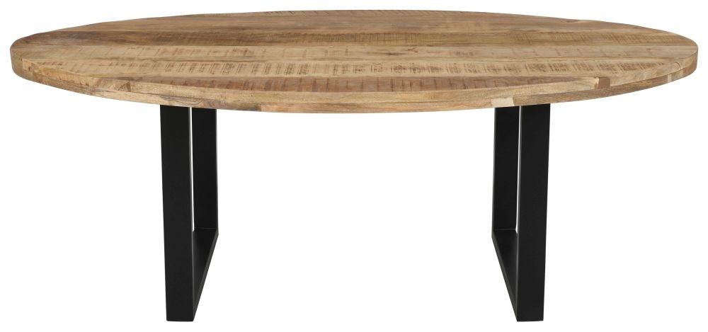 Clearance Industrial Dining Table Rustic Finish Solid Mango Wood 240cm Oval Top Seats 10 Diners With Black Metal U Legs
