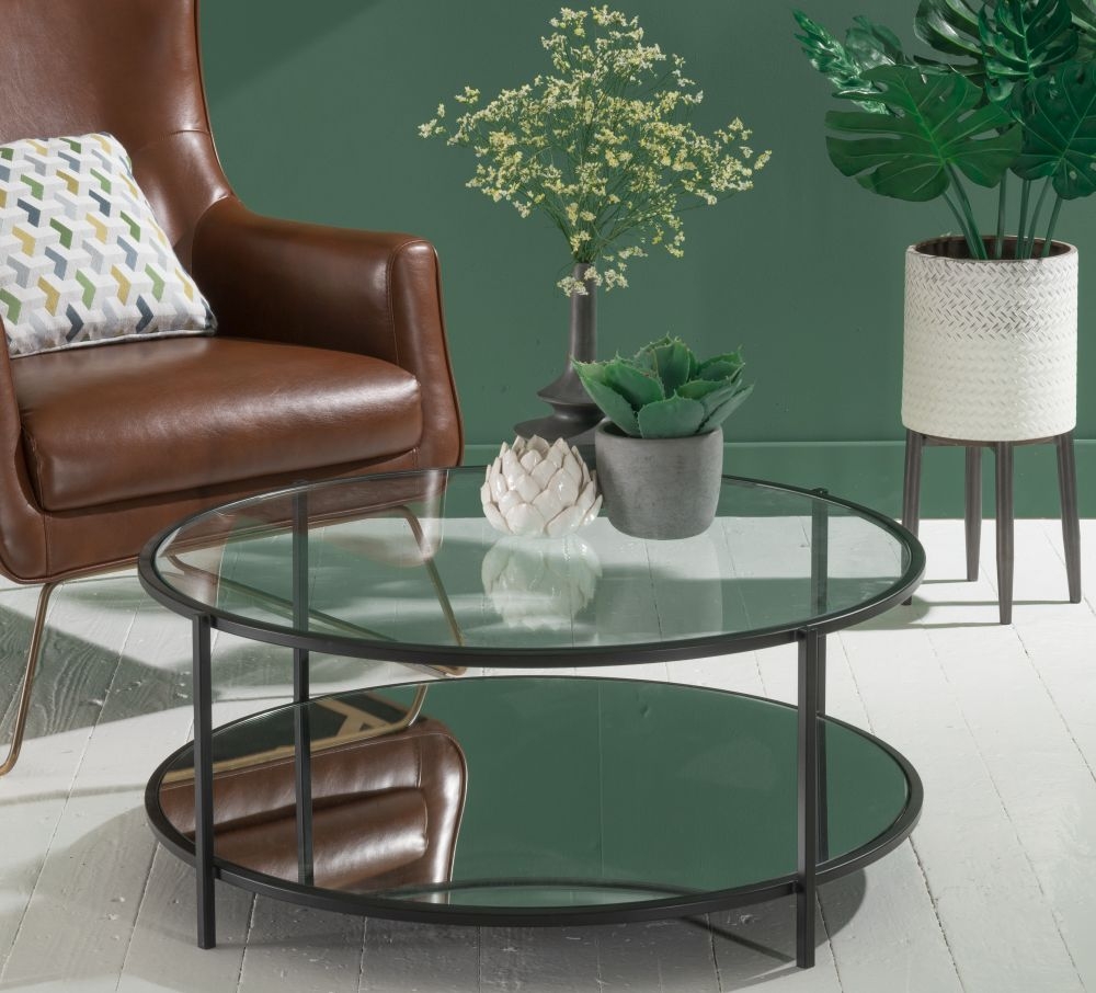 Clearance Hyde Black Metal Coffee Table Round Clear Glass Top With Mirrored Bottom Shelf