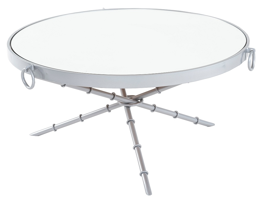 Clearance Bari Brushed Silver Metal Coffee Table Mirrored Top With Tripod Chopstick Base