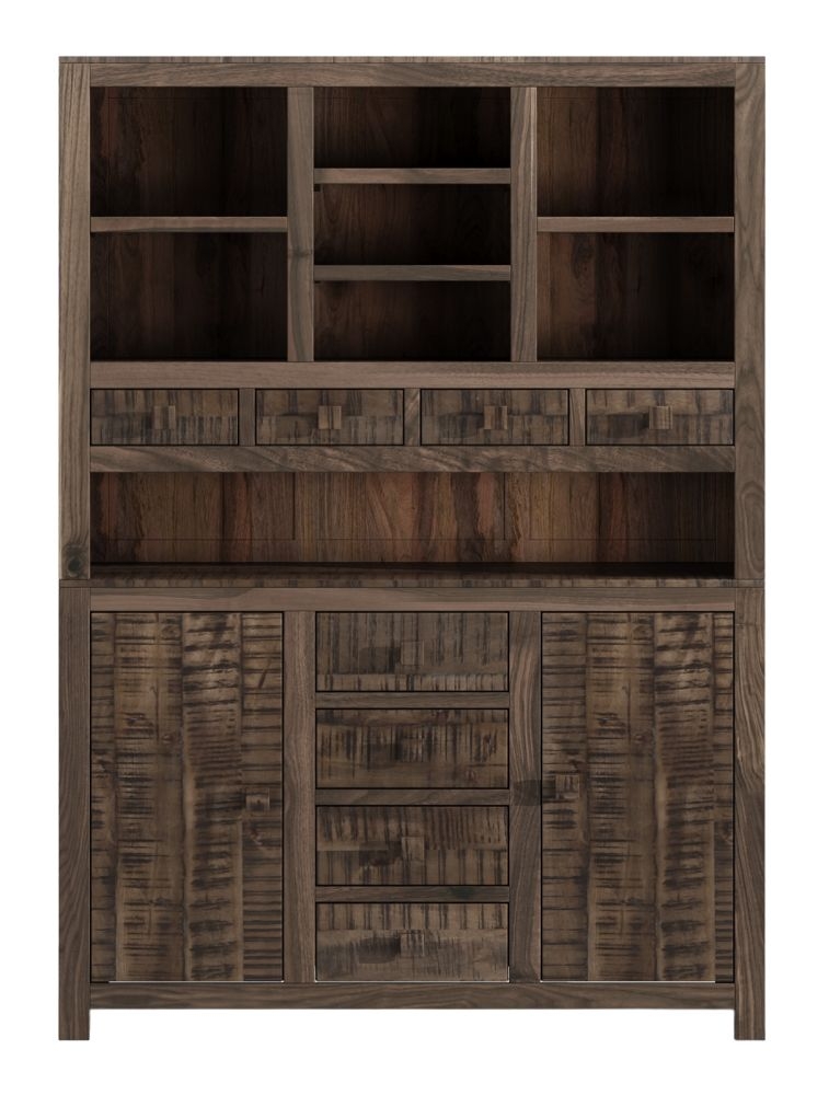 Dakota Mango Wood Buffet Hutch Indian Dark Walnut Rustic Finish Large Kitchen Display Cabinet Dresser Unit