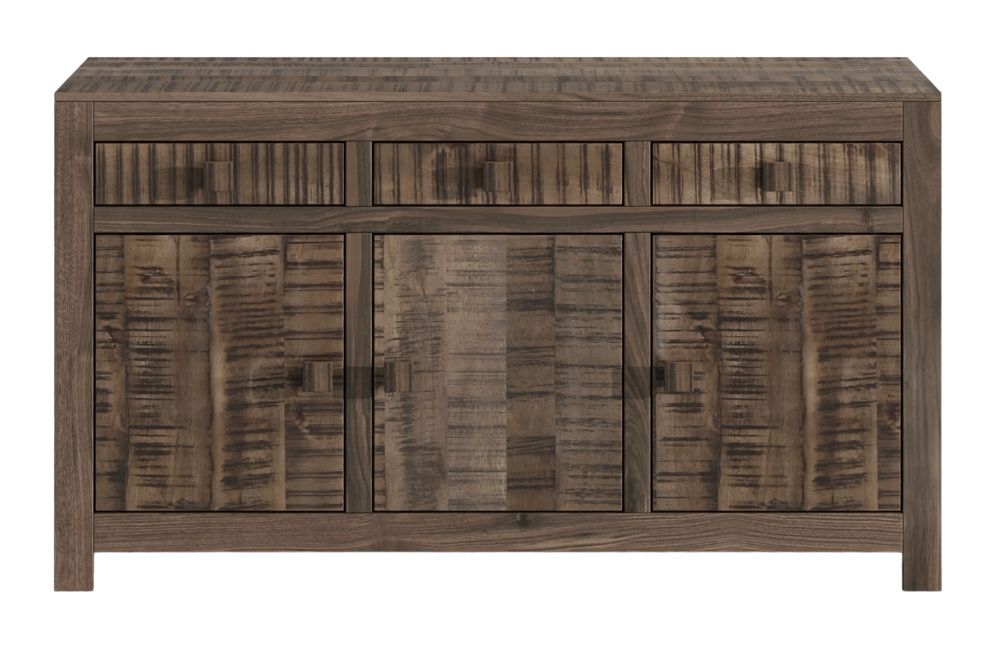 Dakota Mango Wood Sideboard Indian Dark Walnut Rustic Finish 135cm Medium Cabinet 3 Door With 3 Drawers