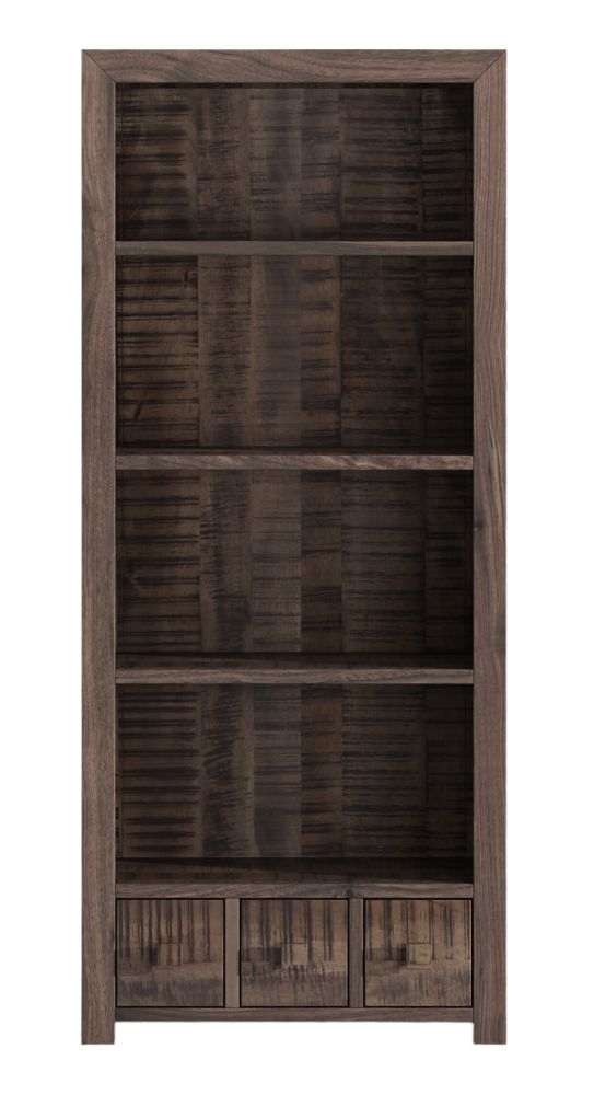 Dakota Mango Wood Tall Bookcase Indian Dark Walnut Rustic Finish 3 Shelves And 3 Drawer Bottom Storage