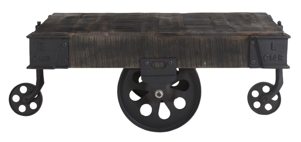 Dakota Mango Wood Cart Coffee Table Industrial Style Indian Dark Walnut Rustic Finish 4 Iron Wheels