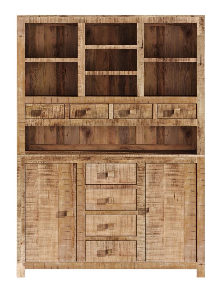 Dakota Mango Wood Buffet Hutch Indian Light Natural Rustic Finish Large Kitchen Display Cabinet Dresser Unit