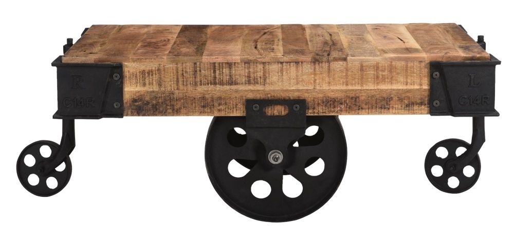 Dakota Mango Wood Cart Coffee Table Industrial Style Indian Light Natural Rustic Finish 4 Iron Wheels