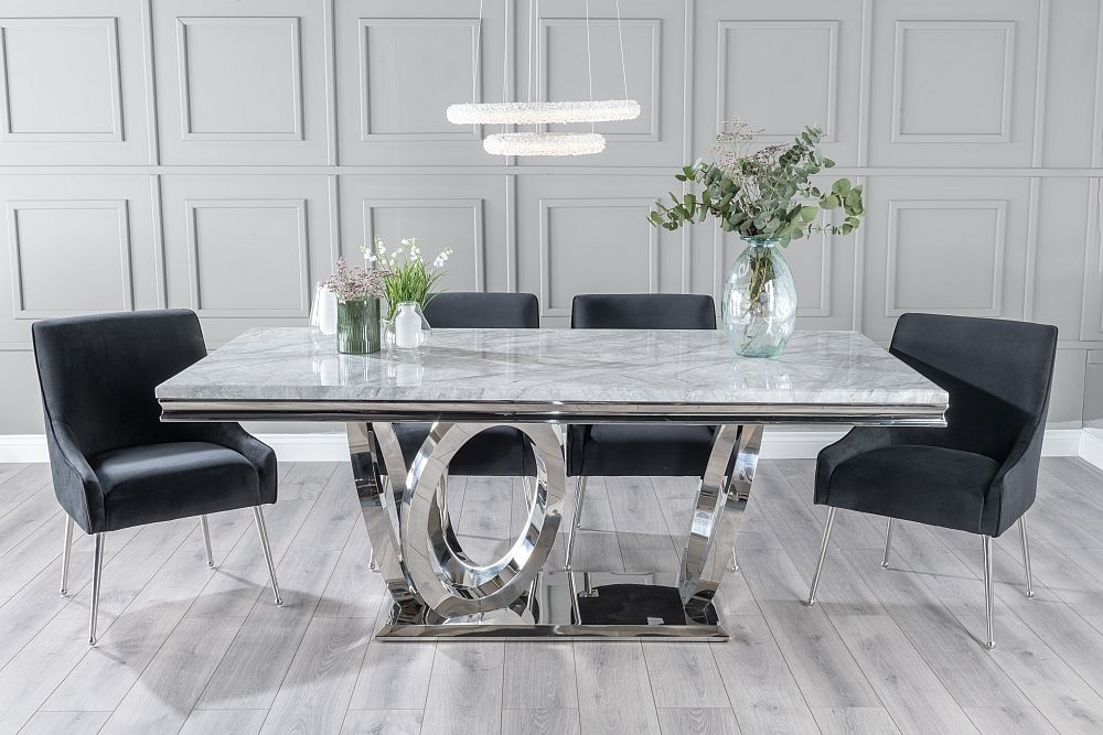 Dolce Marble Dining Table Grey 200cm Seats 8 Diners Rectangular Top With Ring Chrome Base