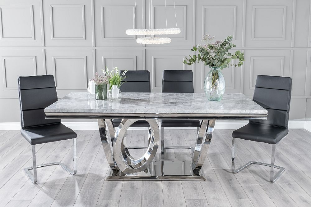 Dolce Marble Dining Table Set Rectangular Grey Top And Ring Chrome Base With Arabella Black Faux Leather Chairs
