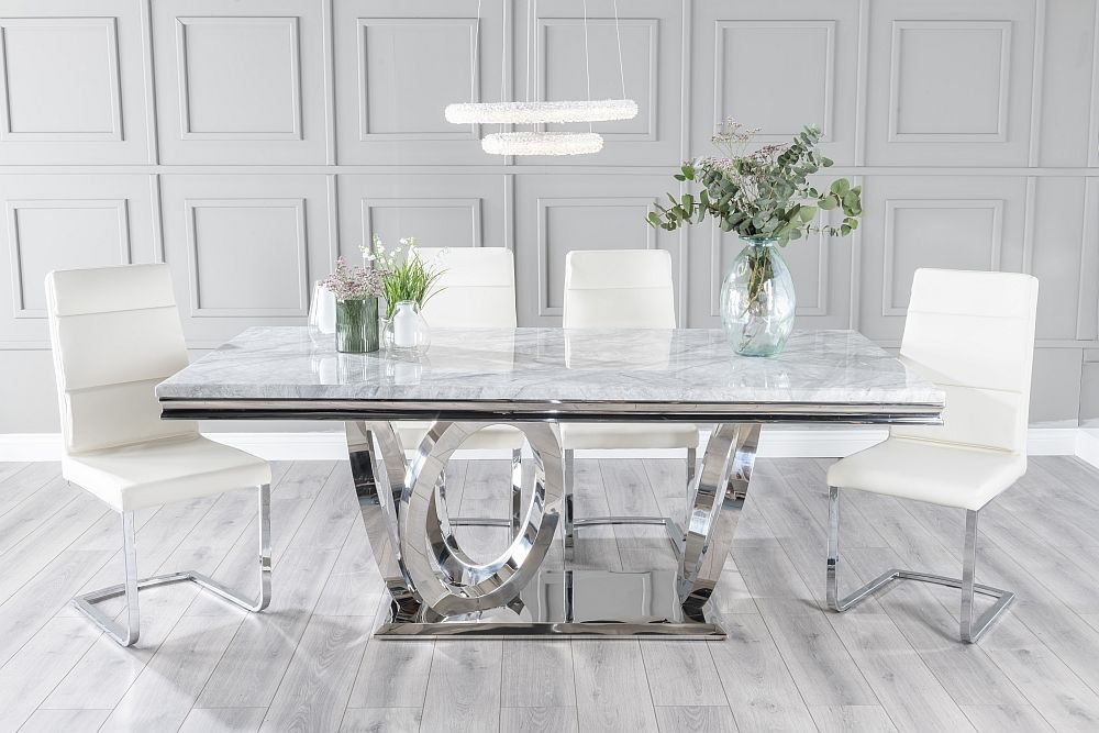 Dolce Marble Dining Table Set Rectangular Grey Top And Ring Chrome Base With Arabella Cream Faux Leather Chairs