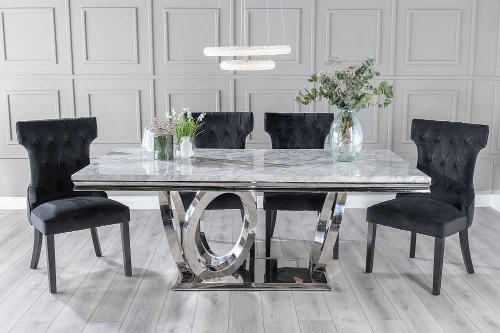 Dolce Marble Dining Table Set Rectangular Grey Top And Ring Chrome Base With Courtney Black Fabric Chairs
