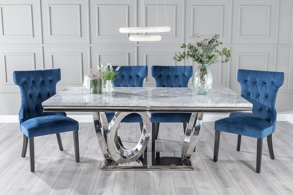 Dolce Marble Dining Table Set Rectangular Grey Top And Ring Chrome Base With Courtney Blue Fabric Chairs