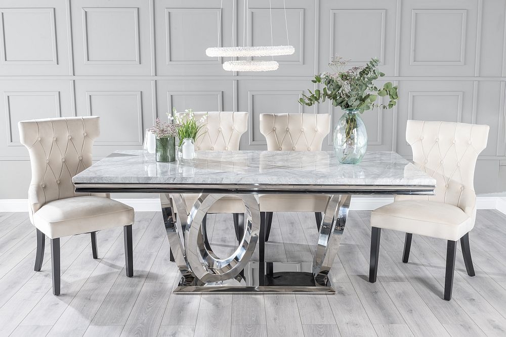 Dolce Marble Dining Table Set Rectangular Grey Top And Ring Chrome Base With Courtney Champagne Fabric Chairs