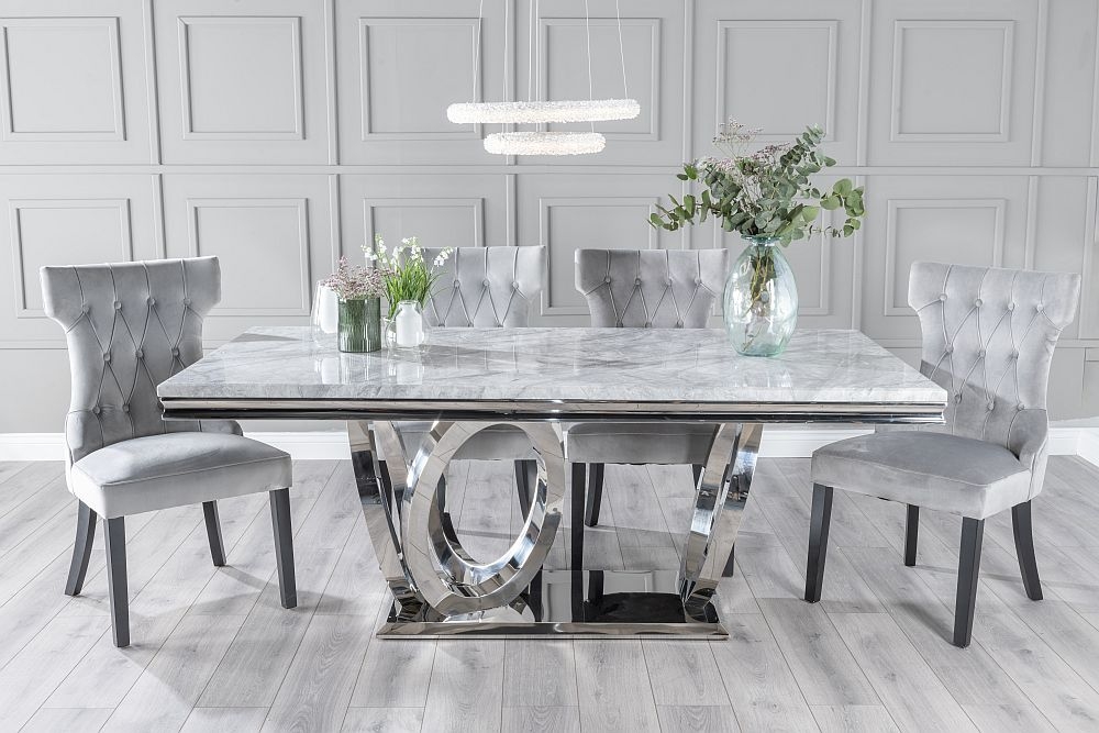 Dolce Marble Dining Table Set Rectangular Grey Top And Ring Chrome Base With Courtney Light Grey Fabric Chairs