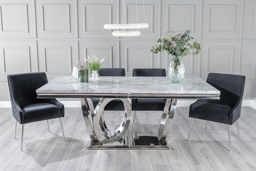 Dolce Marble Dining Table Set Rectangular Grey Top And Ring Chrome Base With Giovanni Black Fabric Chairs