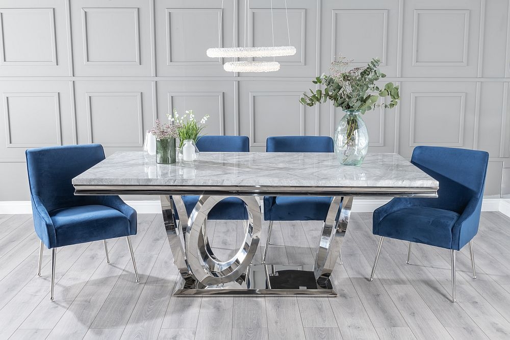 Dolce Marble Dining Table Set Rectangular Grey Top And Ring Chrome Base With Giovanni Blue Fabric Chairs