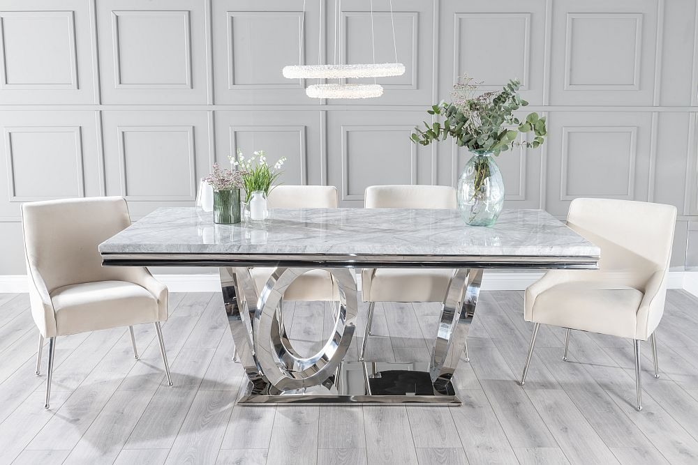 Dolce Marble Dining Table Set Rectangular Grey Top And Ring Chrome Base With Giovanni Champagne Fabric Chairs