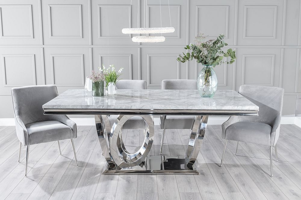 Dolce Marble Dining Table Set Rectangular Grey Top And Ring Chrome Base With Giovanni Light Grey Fabric Chairs