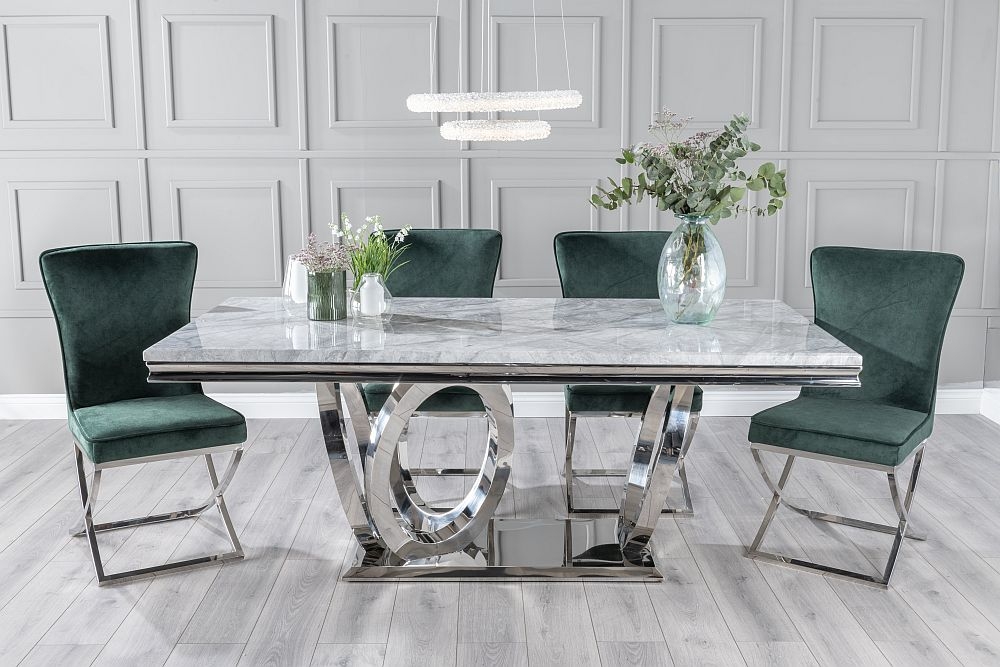 Dolce Marble Dining Table Set Rectangular Grey Top And Ring Chrome Base With Lyon Green Fabric Chairs