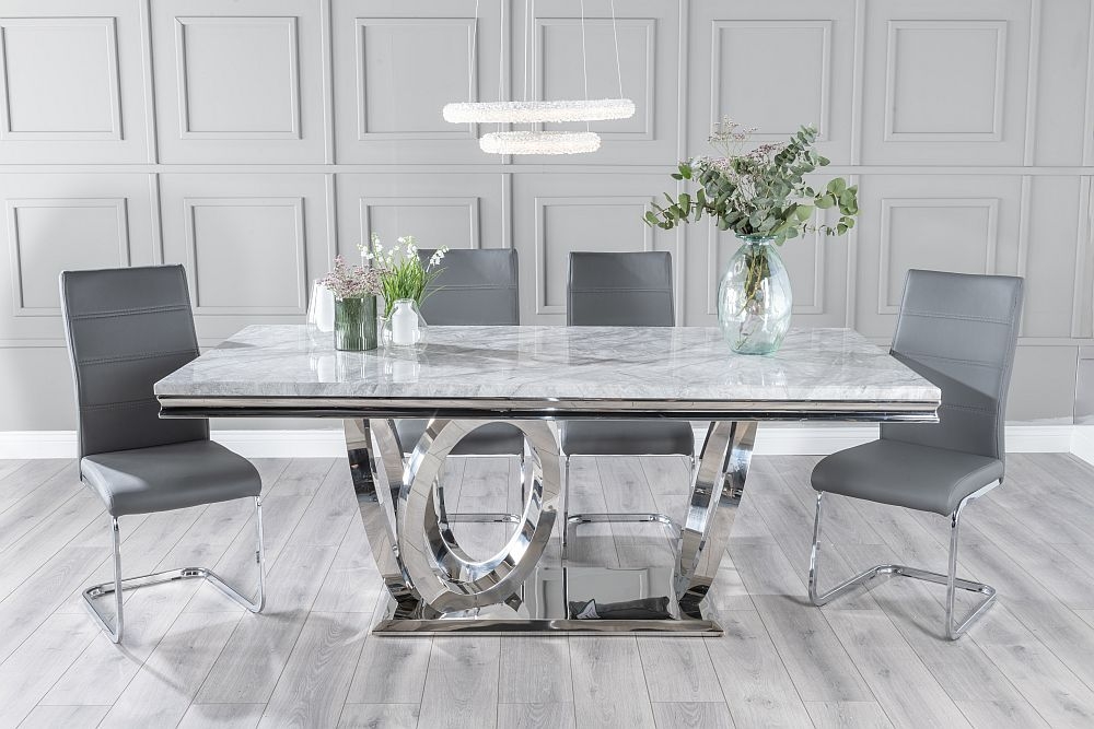 Dolce Marble Dining Table Set Rectangular Grey Top And Ring Chrome Base With Malibu Dark Grey Faux Leather Chairs