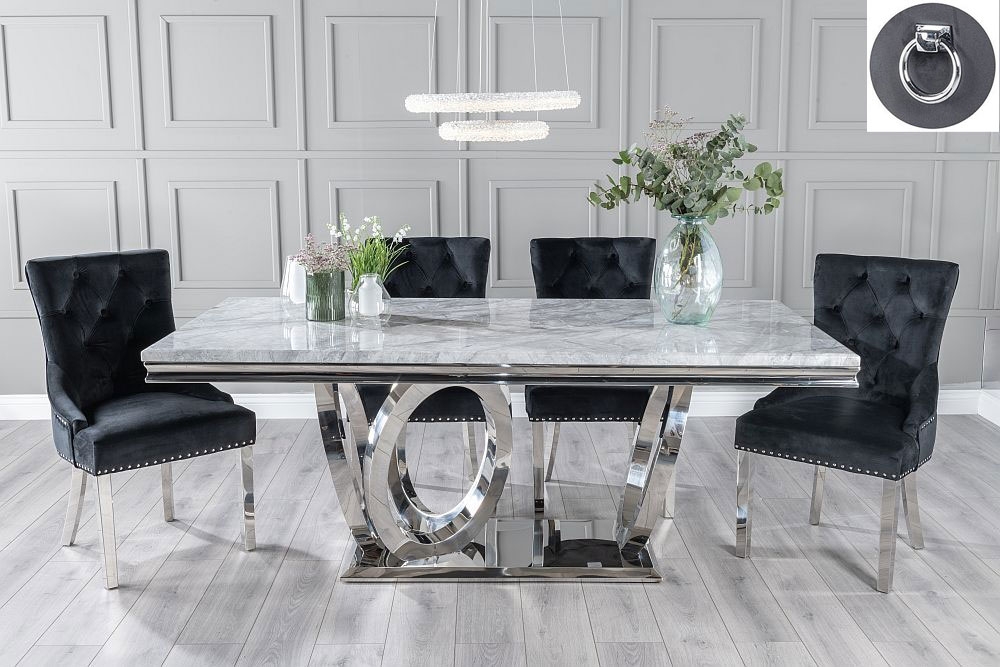 Dolce Marble Dining Table Set Rectangular Grey Top And Ring Chrome Base With Black Fabric Knocker Back Chairs With Chrome Legs