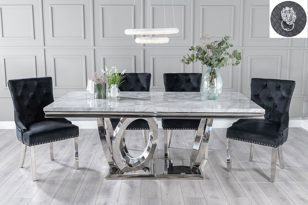 Dolce Marble Dining Table Set Rectangular Grey Top And Ring Chrome Base With Black Fabric Lion Knocker Back Chairs With Chrome Legs