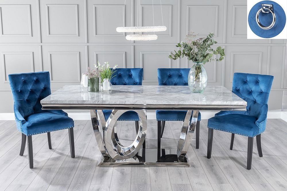 Dolce Marble Dining Table Set Rectangular Grey Top And Ring Chrome Base With Blue Fabric Knocker Back Chairs With Black Legs