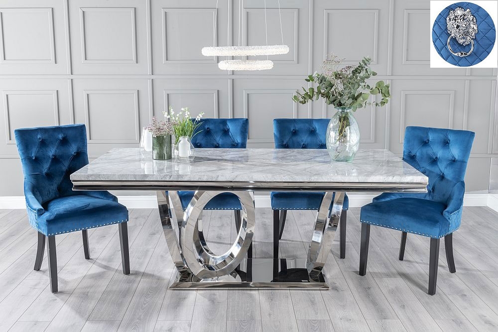 Dolce Marble Dining Table Set Rectangular Grey Top And Ring Chrome Base With Blue Fabric Lion Knocker Back Chairs With Black Legs