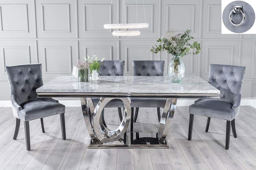 Dolce Marble Dining Table Set Rectangular Grey Top And Ring Chrome Base With Grey Fabric Knocker Back Chairs With Black Legs
