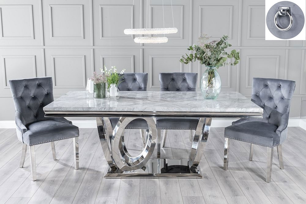 Dolce Marble Dining Table Set Rectangular Grey Top And Ring Chrome Base With Grey Fabric Knocker Back Chairs With Chrome Legs
