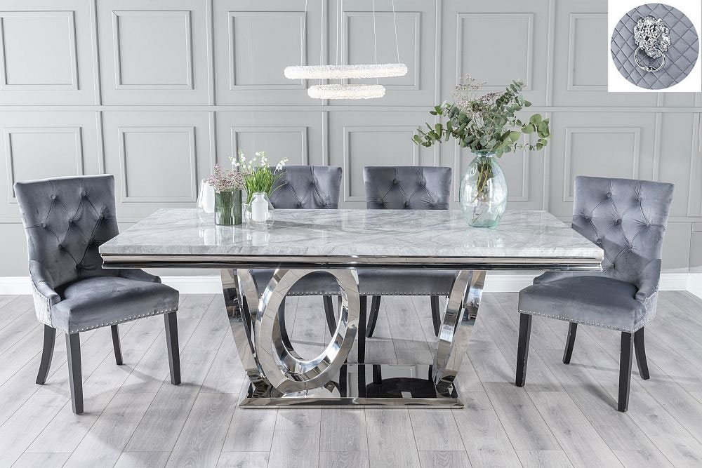 Dolce Marble Dining Table Set Rectangular Grey Top And Ring Chrome Base With Grey Fabric Lion Knocker Back Chairs With Black Legs