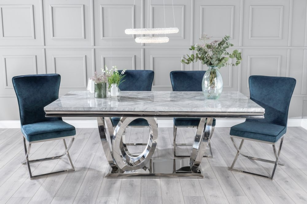 Dolce Marble Dining Table Set Rectangular Grey Top And Ring Chrome Base With Lyon Blue Fabric Chairs