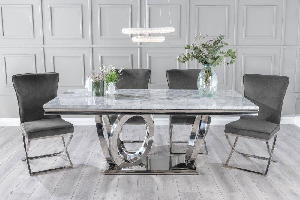 Dolce Marble Dining Table Set Rectangular Grey Top And Ring Chrome Base With Lyon Grey Fabric Chairs