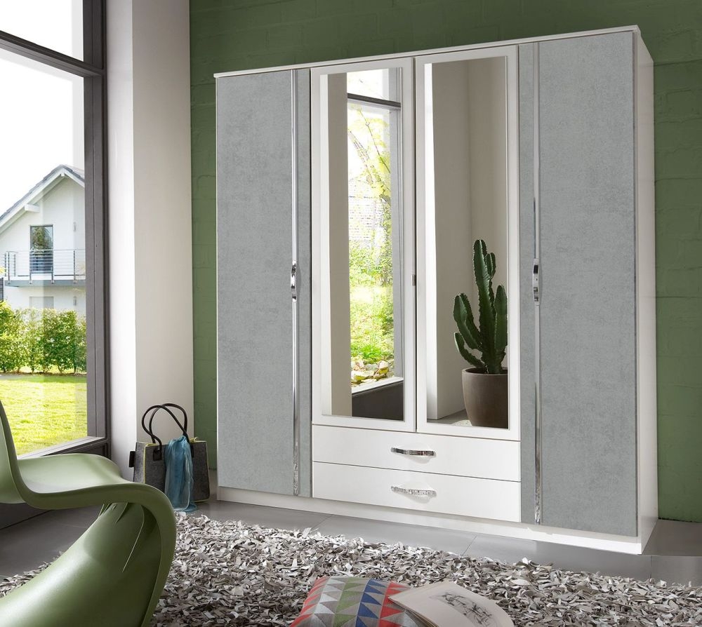 Duo 4 Door Combi Wardrobe German Made White Grey Mirrored Front Four Door Wardrobe