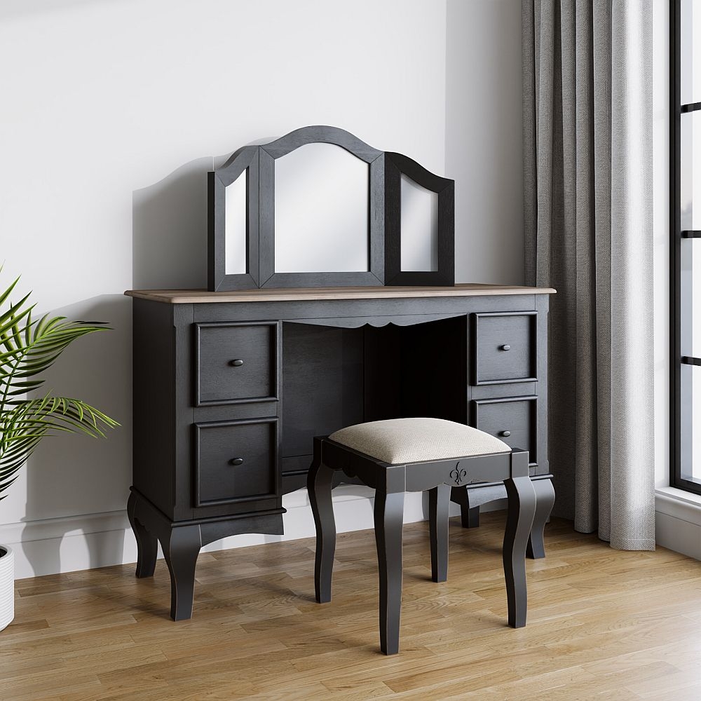 Fleur French Style Black 4 Drawer Kneehole Dressing Table Made In Solid Mango Wood