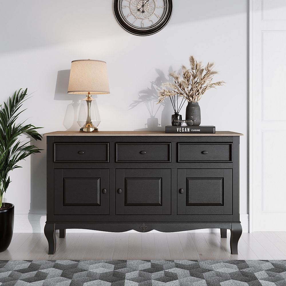 Fleur French Style 3 Door Black Sideboard Made In Solid Mango Wood