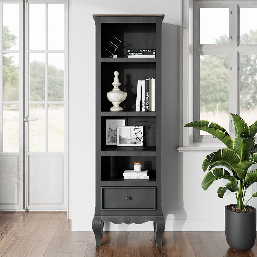 Fleur French Style Black Narrow Bookcase Made In Solid Mango Wood