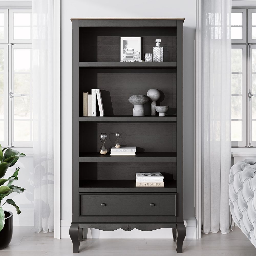 Fleur French Style Black Wide Bookcase Made In Solid Mango Wood