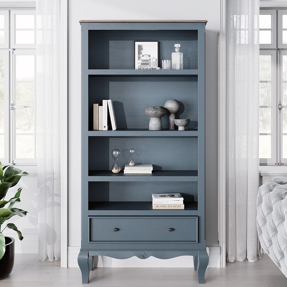 Fleur French Style Wide Bookcase Stiffkey Blue Painted Solid Mango Wood 1 Drawer Bottom Storage