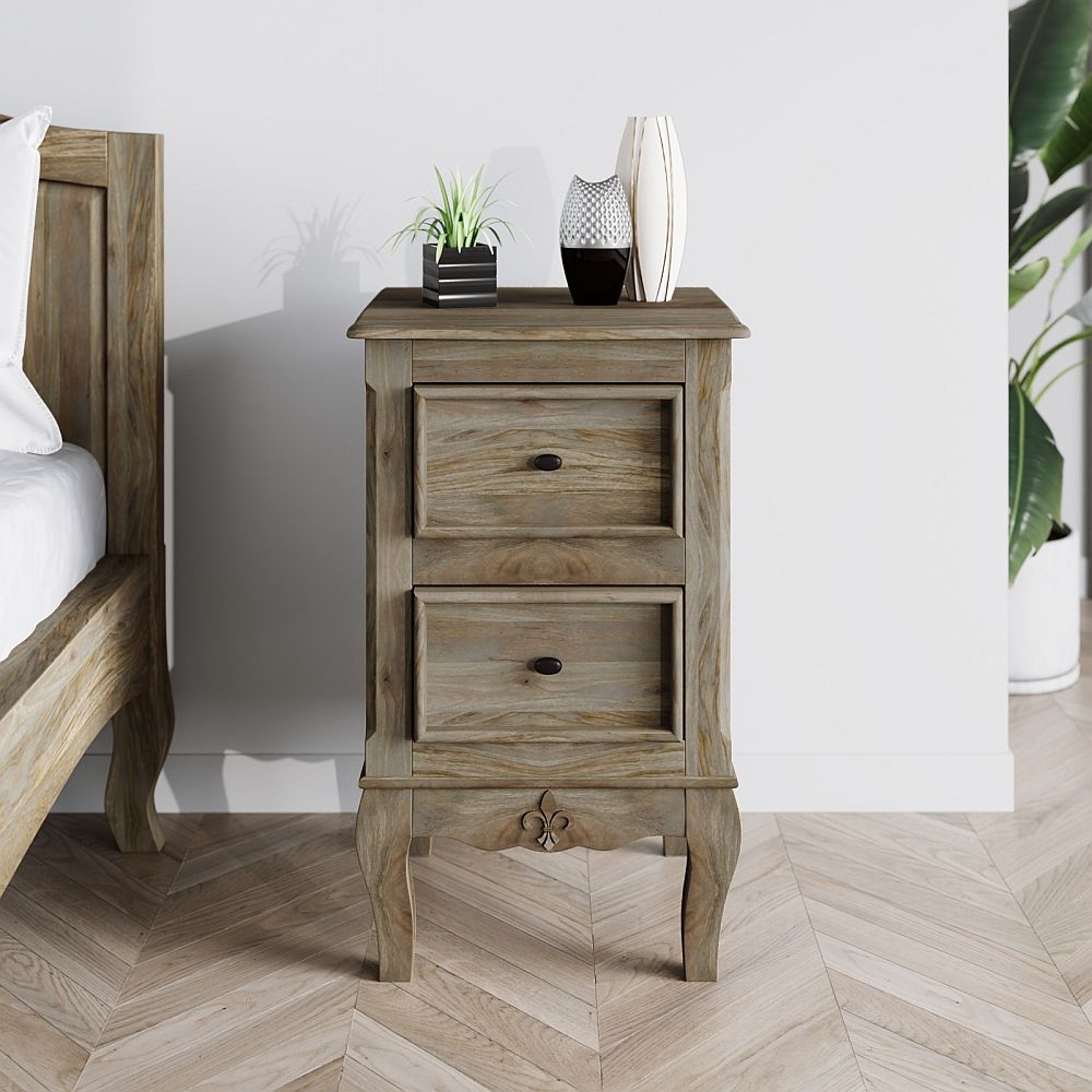 Fleur French Style Washed Grey Bedside Cabinet Made In Solid Rustic Mango Wood