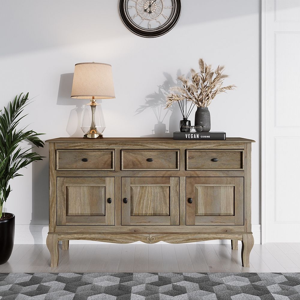 Fleur French Style 3 Door Washed Grey Sideboard Made In Solid Rustic Mango Wood