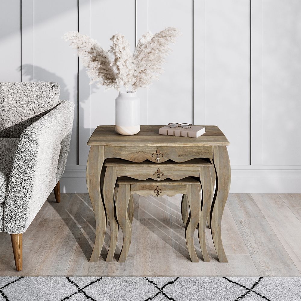 Fleur French Style Washed Grey Nest Of 3 Tables Made In Solid Rustic Mango Wood
