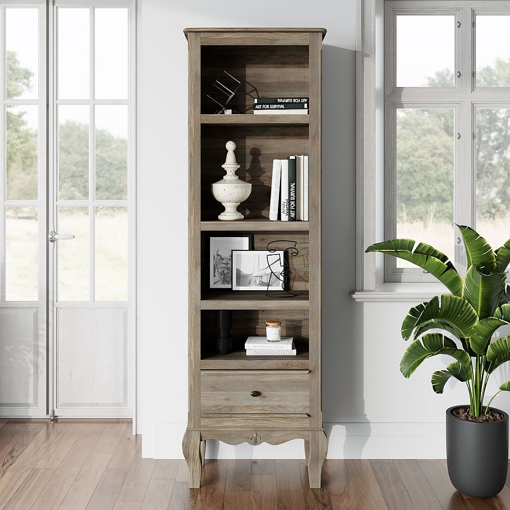 Fleur French Style Washed Grey Narrow Bookcase Made In Solid Rustic Mango Wood