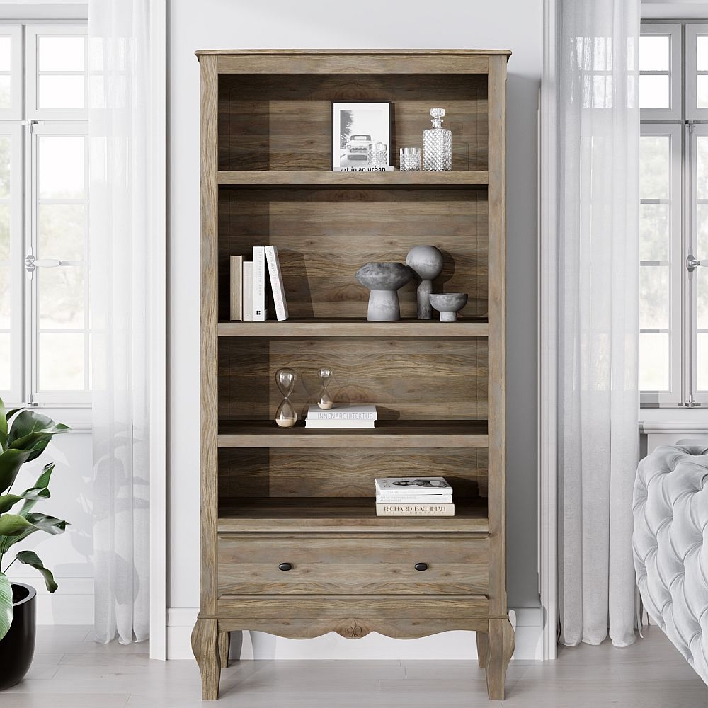 Fleur French Style Washed Grey Wide Bookcase Made In Solid Rustic Mango Wood